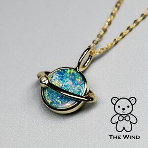 Earth Moon Design Doublet Opal & Diamond Pendant Necklace 14K Yellow Gold